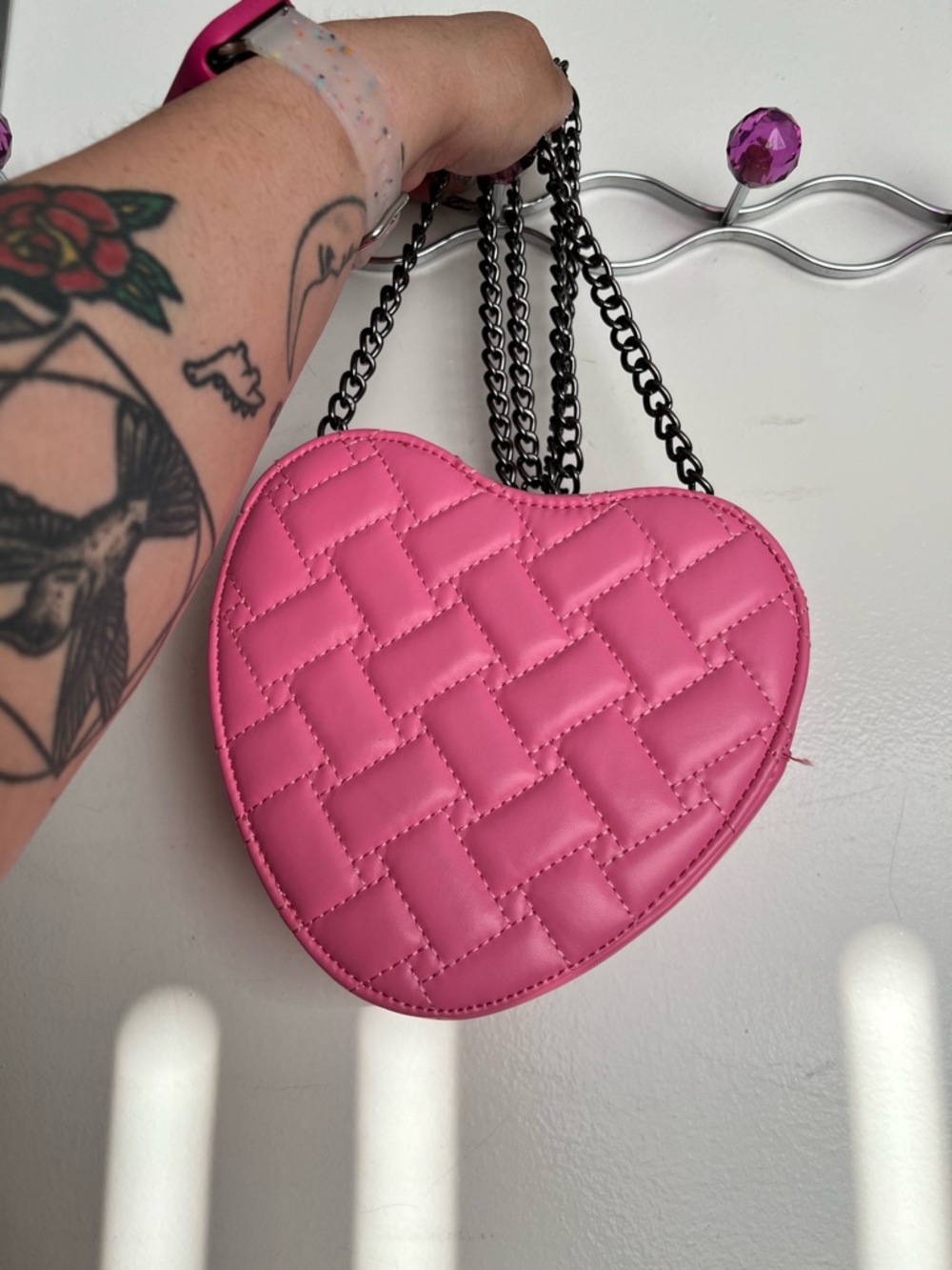 Pink Quilted Heart Crossbody Bag with Chain Strap - Picture 2 of 3